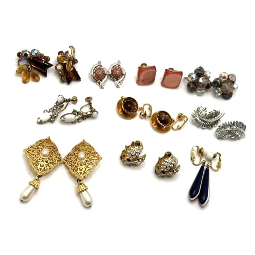 Vintage Clip on Earrings Milk Glass Rhinestones Multicolor Lot of 10 Pairs